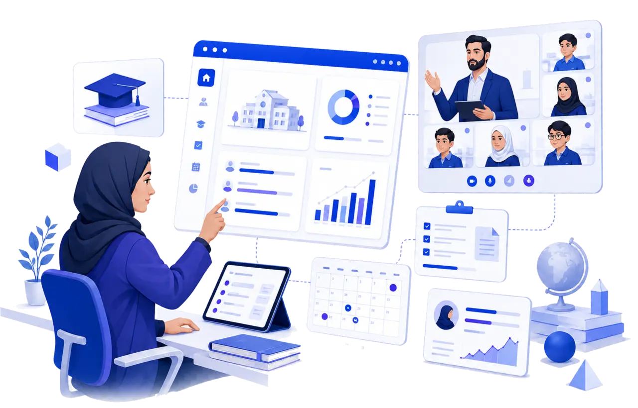 مدیر مدرسه در حال مدیریت آموزش، کلاس آنلاین و گزارش‌های دانش‌آموزان