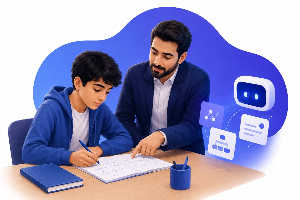 یادگیری انسان‌محور با همراهی معلم و دستیار هوش مصنوعی — تصویرسازی اختصاصی ژیوامَد