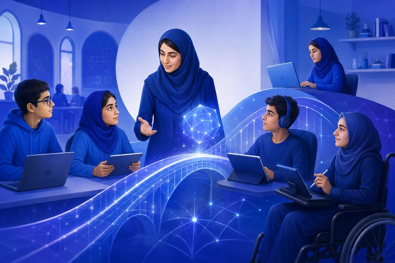 معلم و دانش‌آموزان ایرانی در مسیر دسترسی عادلانه به یادگیری با هوش مصنوعی — تصویرسازی اختصاصی ژیوامَد