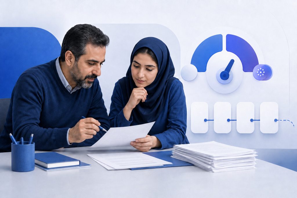 معلم و دانش‌آموز ایرانی در حال بررسی منصفانه تکلیف کنار شاخص نامطمئن تشخیص هوش مصنوعی — تصویرسازی اختصاصی ژیوامَد