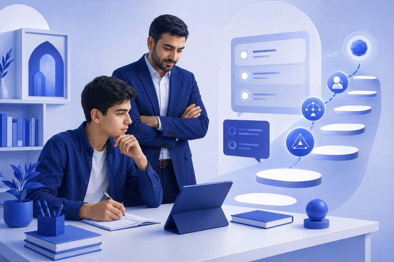دانش‌آموز ایرانی در حال یادگیری هدایت‌شده با معلم و دستیار هوش مصنوعی — تصویرسازی اختصاصی ژیوامَد