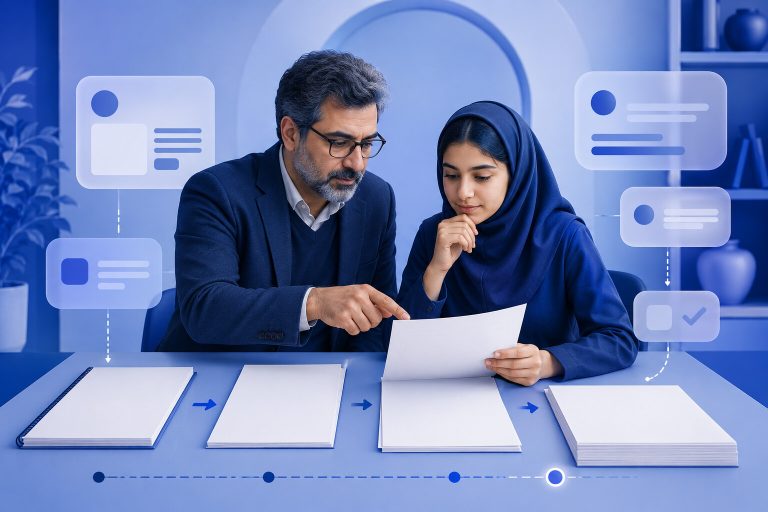 معلم و دانش‌آموز ایرانی در حال بررسی بازخورد هوش مصنوعی روی پیش‌نویس نوشته — تصویرسازی اختصاصی ژیوامَد