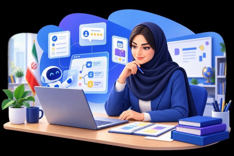 معلم ایرانی در حال طراحی درس با کمک دستیار هوش مصنوعی — تصویرسازی اختصاصی ژیوامَد