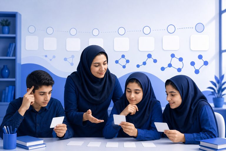 معلم ایرانی در حال برنامه‌ریزی مرور فاصله‌دار و بازیابی فعال برای دانش‌آموزان — تصویرسازی اختصاصی ژیوامَد