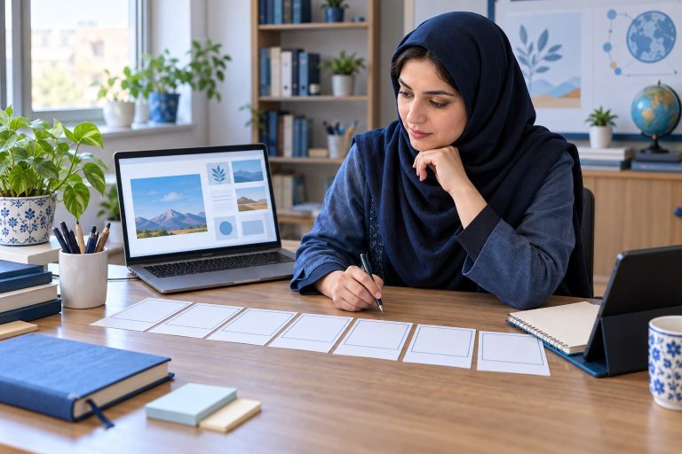 معلم ایرانی در حال بازبینی استوری‌بورد هفت‌اسلایدی و پیش‌نویس هوش مصنوعی — تصویرسازی اختصاصی ژیوامَد