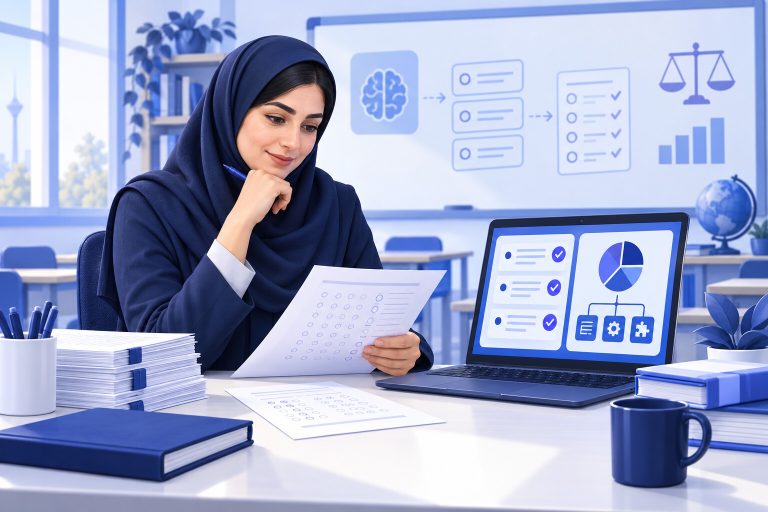 معلم در حال بازبینی سؤال‌های امتحانی ساخته‌شده با هوش مصنوعی — تصویرسازی اختصاصی ژیوامَد