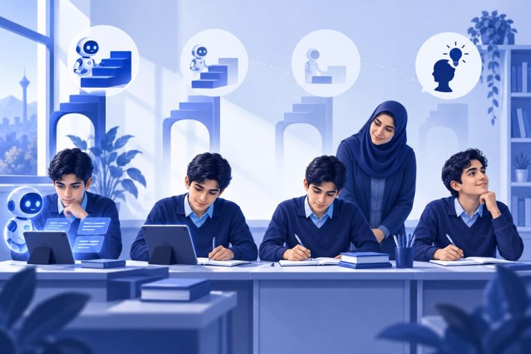 دانش‌آموز ایرانی در مسیر کاهش تدریجی کمک هوش مصنوعی و کار مستقل — تصویرسازی اختصاصی ژیوامَد
