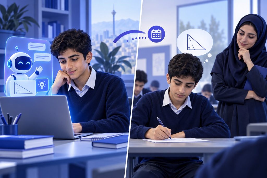 دانش‌آموز ایرانی در مقایسه تمرین با هوش مصنوعی و آزمون مستقل — تصویرسازی اختصاصی ژیوامَد