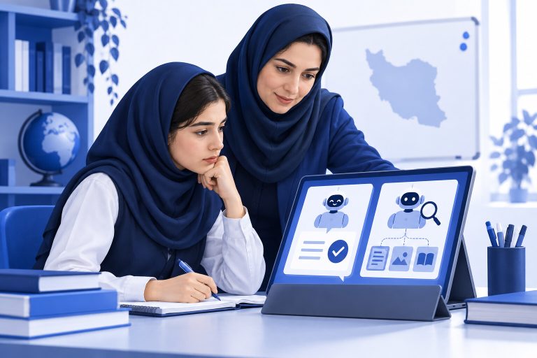 معلم و دانش‌آموز ایرانی در حال مقایسه تأیید ساده و بررسی مستقل پاسخ هوش مصنوعی — تصویرسازی اختصاصی ژیوامَد