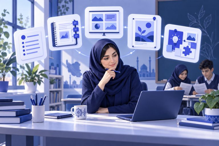 معلم ایرانی در حال انتخاب میان پنج کاربرد هوش مصنوعی برای کلاس — تصویرسازی اختصاصی ژیوامَد