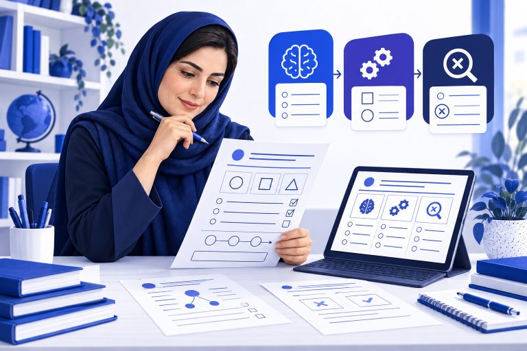 معلم ایرانی در حال بازبینی کاربرگ آموزشی ساخته‌شده با هوش مصنوعی روی کاغذ و تبلت — تصویرسازی اختصاصی ژیوامَد