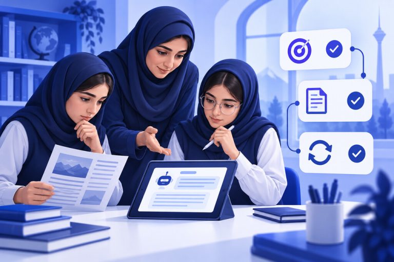 معلم و دانش‌آموزان ایرانی در حال بررسی انتقادی پاسخ هوش مصنوعی — تصویرسازی اختصاصی ژیوامَد