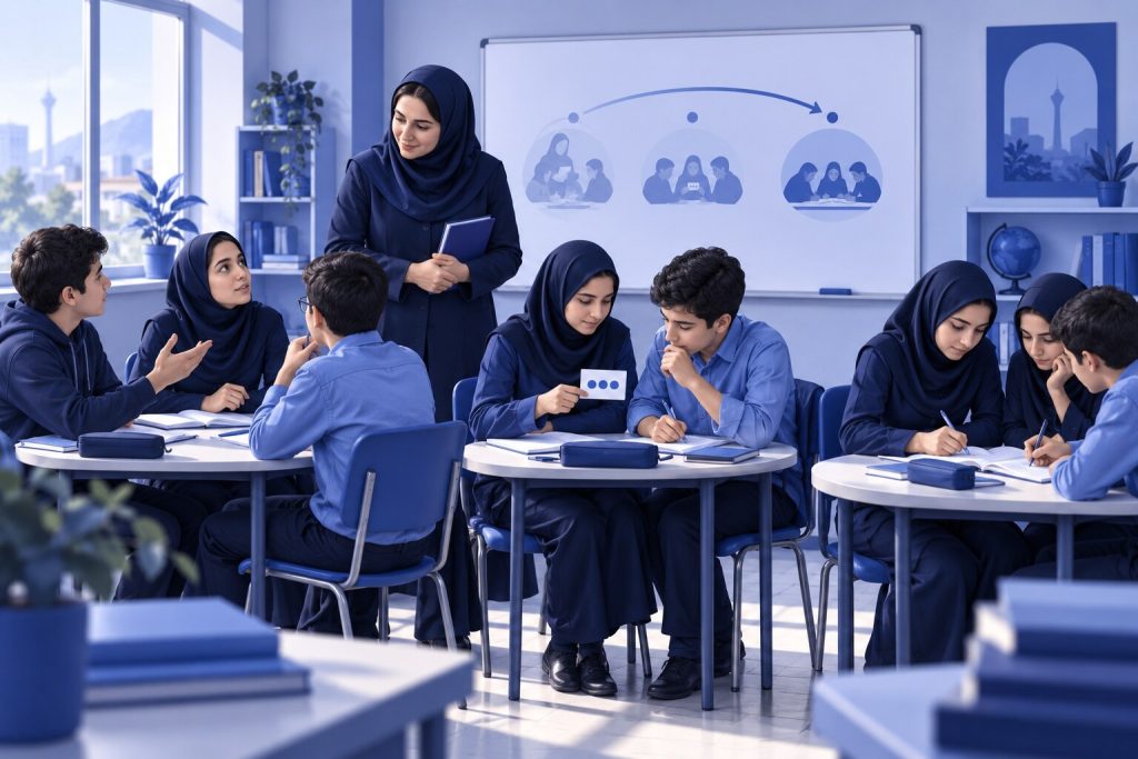 معلم ایرانی در حال سنجش آمادگی دانش‌آموزان برای تمرین مستقل — تصویرسازی اختصاصی ژیوامَد