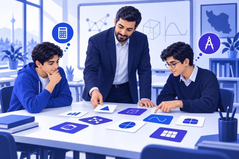 معلم و دانش‌آموزان ایرانی در حال ترکیب انواع سؤال برای تمرین درهم‌آمیخته — تصویرسازی اختصاصی ژیوامَد