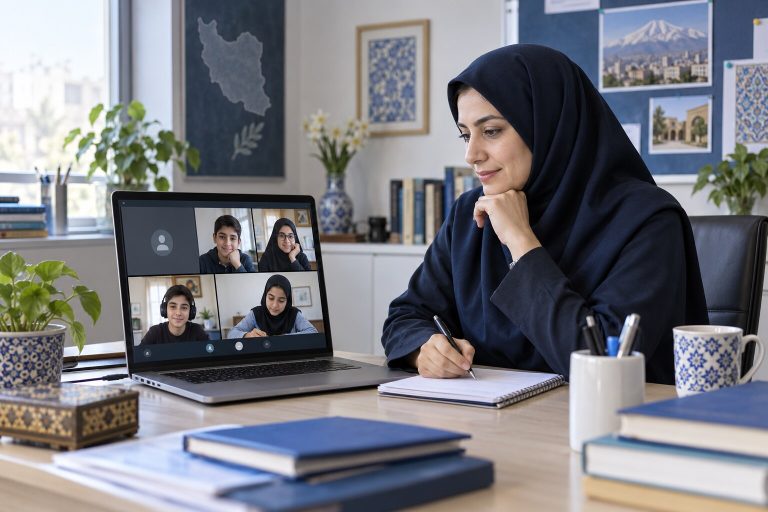 مسئول آموزشی مدرسه در حال مدیریت ادامه کلاس آنلاین پس از قطع ارتباط معلم — تصویرسازی اختصاصی ژیوامَد