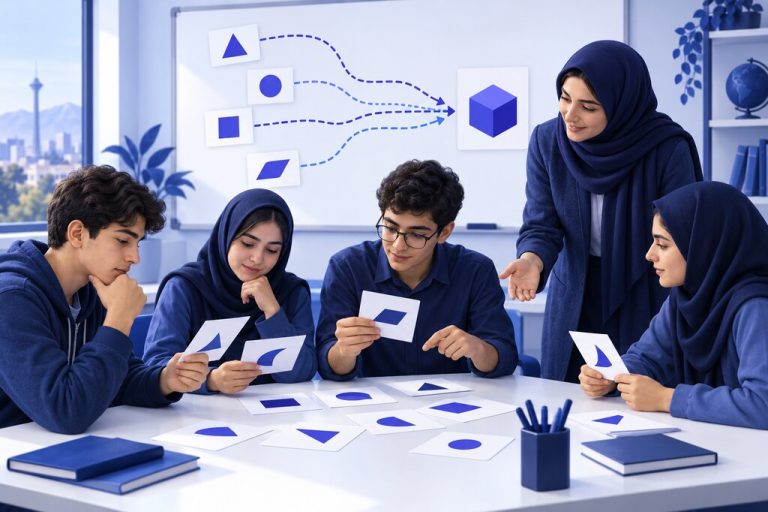 معلم و دانش‌آموزان ایرانی در حال مقایسه چند راه‌حل در کلاس — تصویرسازی اختصاصی ژیوامَد