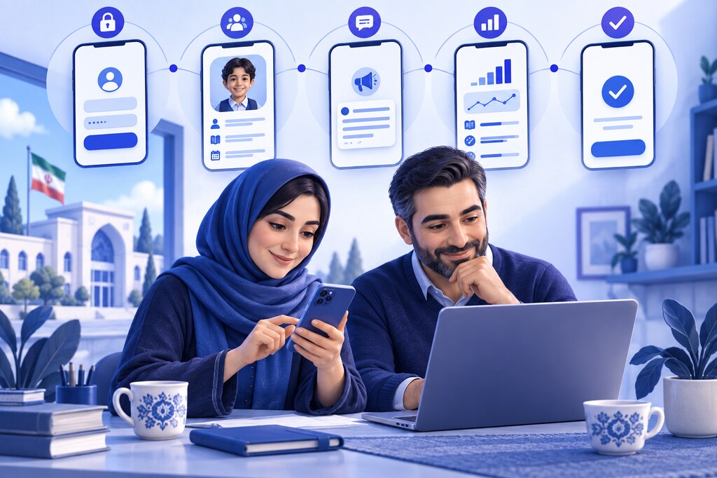 والدین ایرانی در حال تجربه نخستین ورود و اقدام در سامانه مدرسه — تصویرسازی اختصاصی ژیوامَد