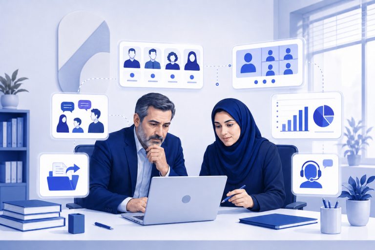 مدیر و معلم ایرانی در حال ارزیابی دموی سامانه مدرسه — تصویرسازی اختصاصی ژیوامَد