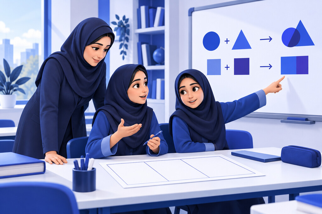 معلم و دانش‌آموزان ایرانی در حال اجرای روش خودتوضیحی با برگه سه‌ستونه — تصویرسازی اختصاصی ژیوامَد