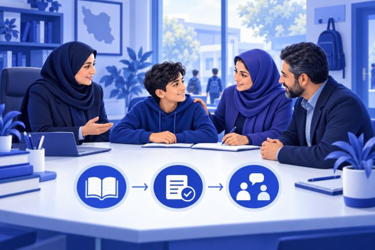 همکاری مدیر، معلم، دانش‌آموز و والد ایرانی برای بازگشت به یادگیری پس از غیبت — تصویرسازی اختصاصی ژیوامَد