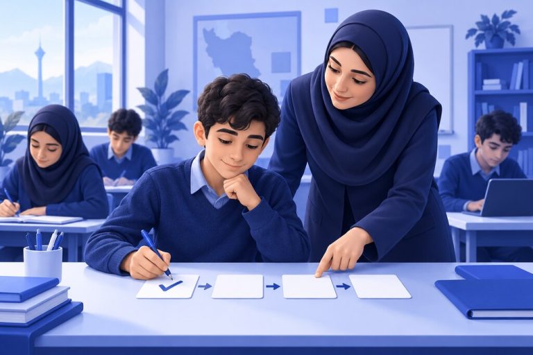 معلم ایرانی در حال کمک به دانش‌آموز برای برداشتن نخستین گام موفق در تکلیف — تصویرسازی اختصاصی ژیوامَد